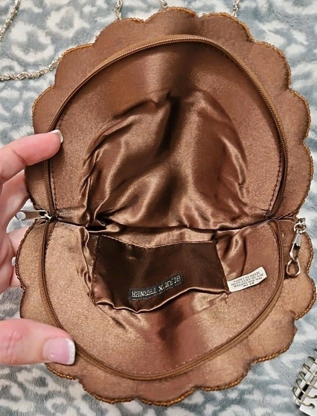 Vintage BIJOUX TERNER Beaded Satin Evening Bag Purse 8"x6" Brown Floral Design