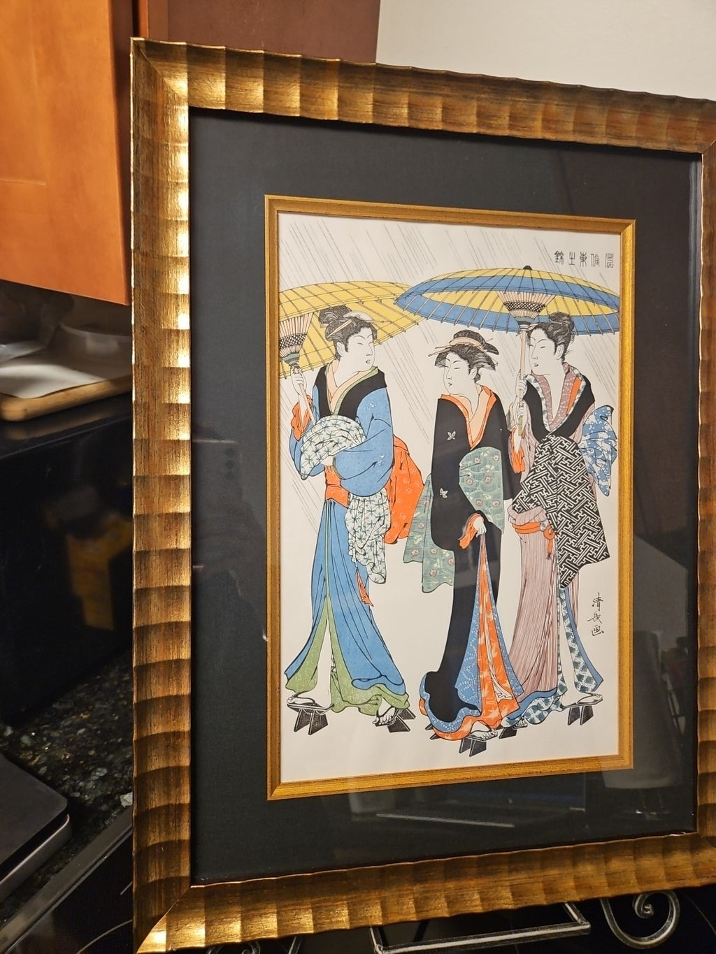 Framed Matted Japanese Woodblock Print Torii Kiyonaga Three Beauties in The Rain