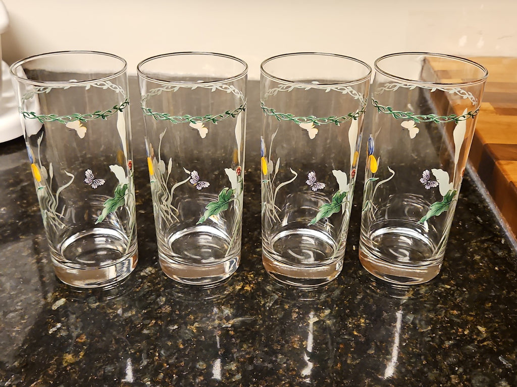 Set of 4 Vintage Floral Highball Tumbler Glasses Blue Iris & White Calla Lily