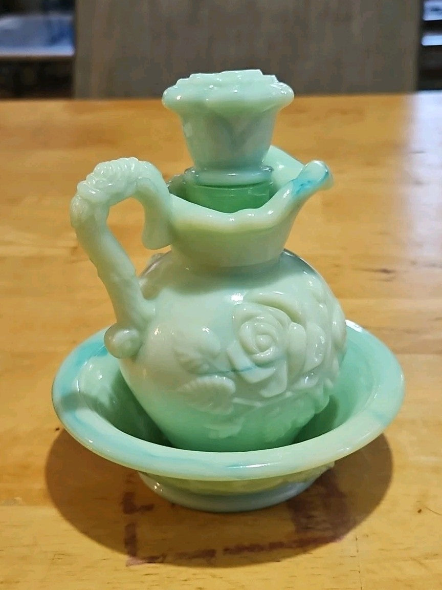 Vintage Avon Moonwind Oil Green Swirl Milk Glass Pitcher With Stopper and Basin