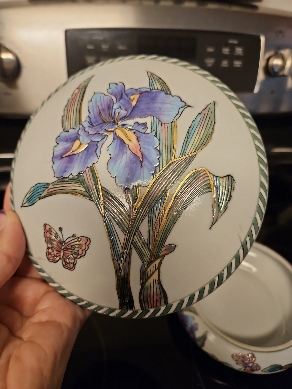 Vintage Andrea by Sadek 7" Round Trinket Box Iris & Butterflies W Gold Detail