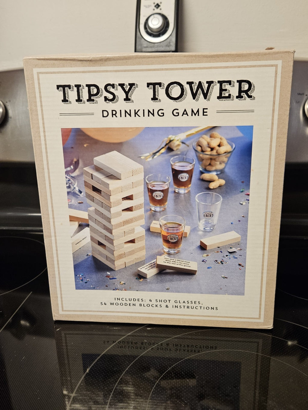 Tipsy Tower Drinking Game Set Of 54 Stacking Wooden Blocks & 4 Shot Glasses