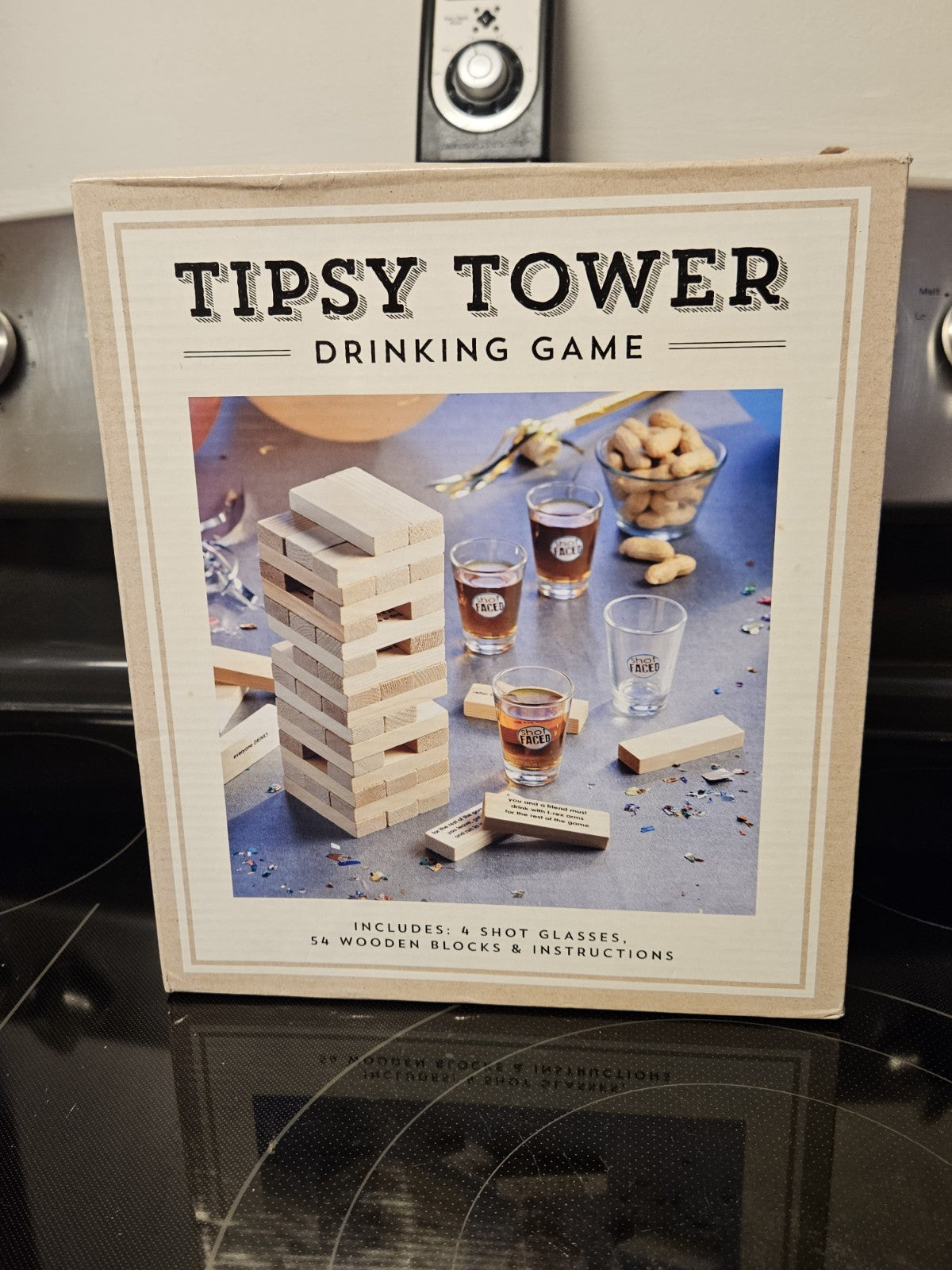 Tipsy Tower Drinking Game Set Of 54 Stacking Wooden Blocks & 4 Shot Glasses