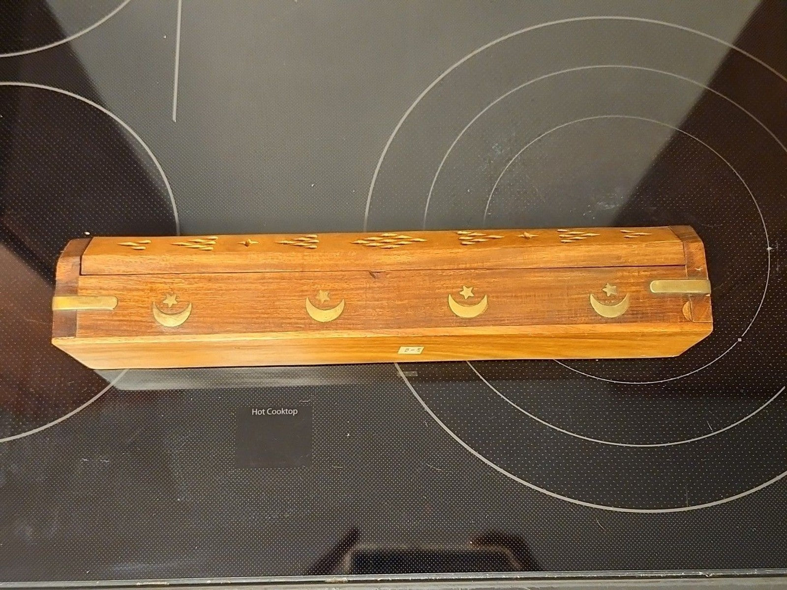 Vintage Wooden Incense Holder Brass Inlaid Stars & Moon w/ Hidden Compartment