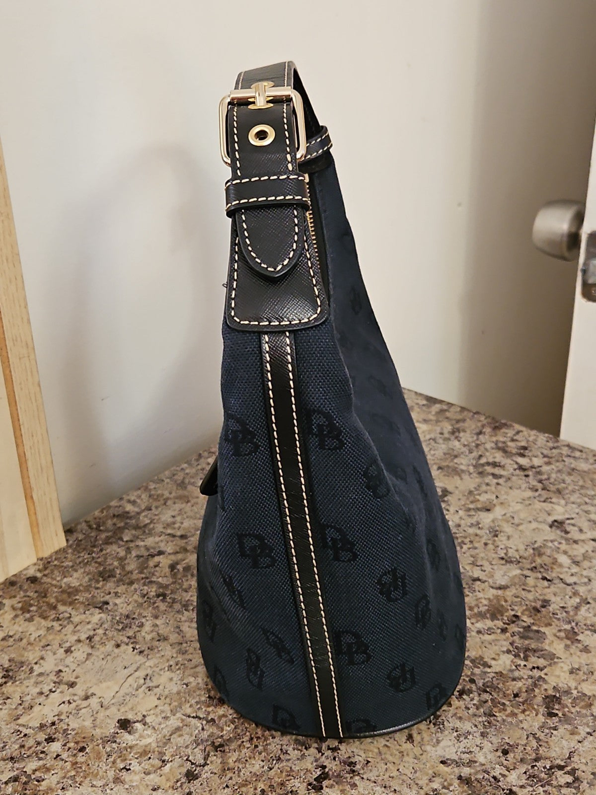 Vintage Dooney & Bourke Black Signature Monogram DB Canvas Mini Hobo Bag Purse