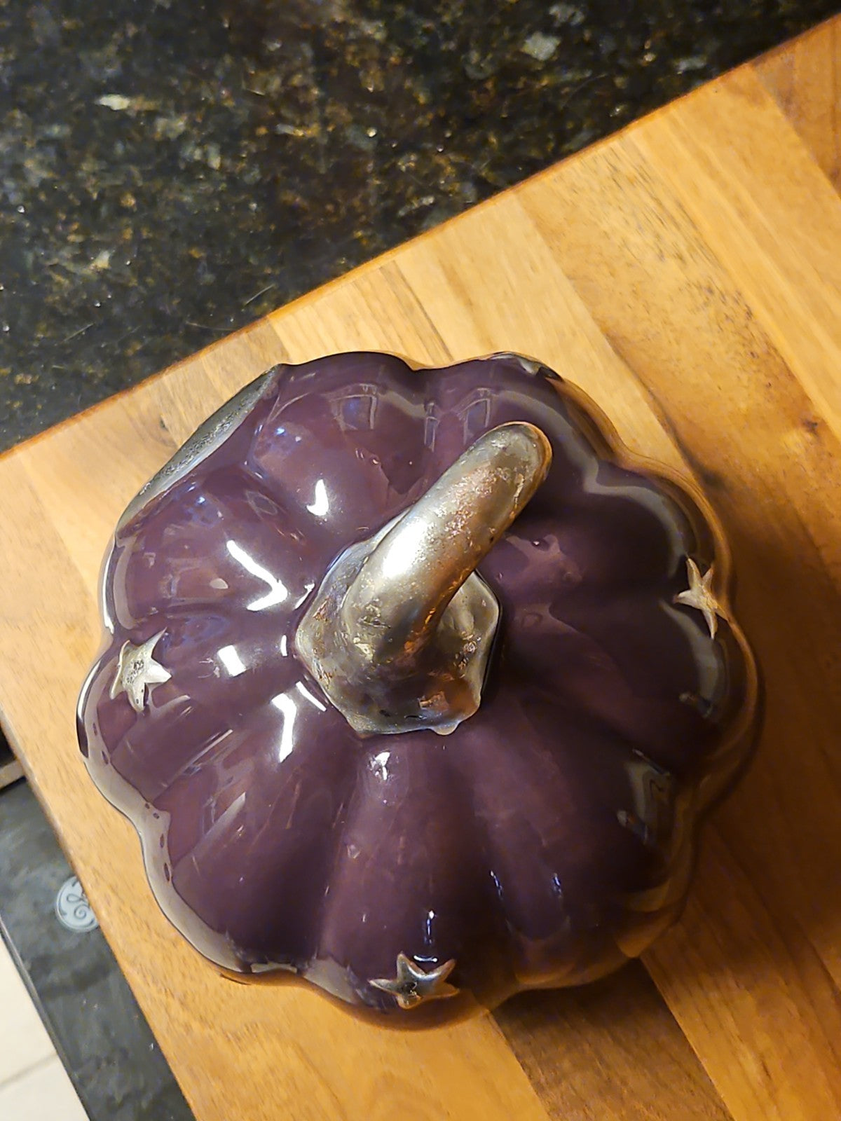 Purple & Silver Celestial Ceramic Pumpkin Goth Halloween Fall Decor 6.5" EUC