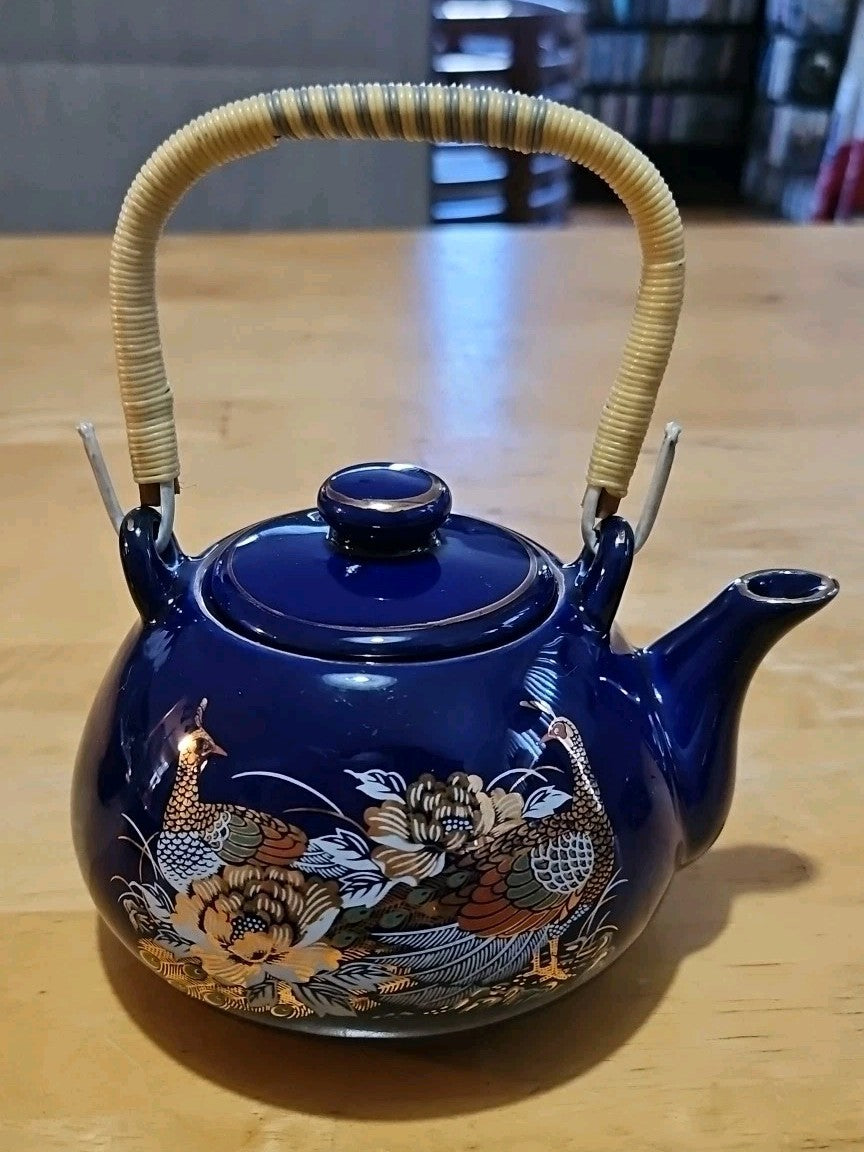 Vintage Japanese Cobalt Blue Tea Set With Gold Peacock Design - Teapot W/ 4 Cups