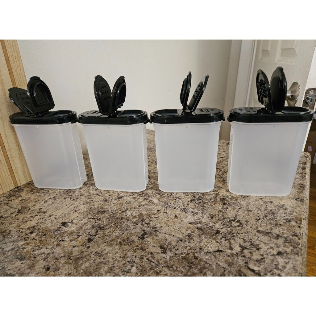 Tupperware Large Spice Shakers Set Of 4 With Black Lids EUC