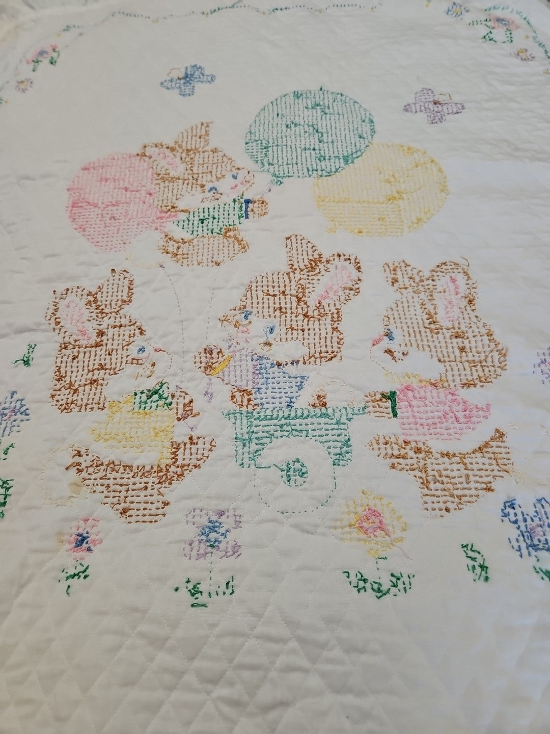Handmade Baby Blanket Embroidered Cross Stitch Bunnies Ruffled Edge 42" X 33"
