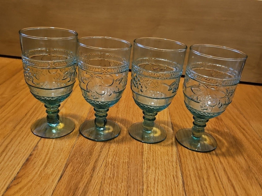 Vintage Mikasa 1960 Embossed Fruit Light Green Glasses Set of Four (4) READ