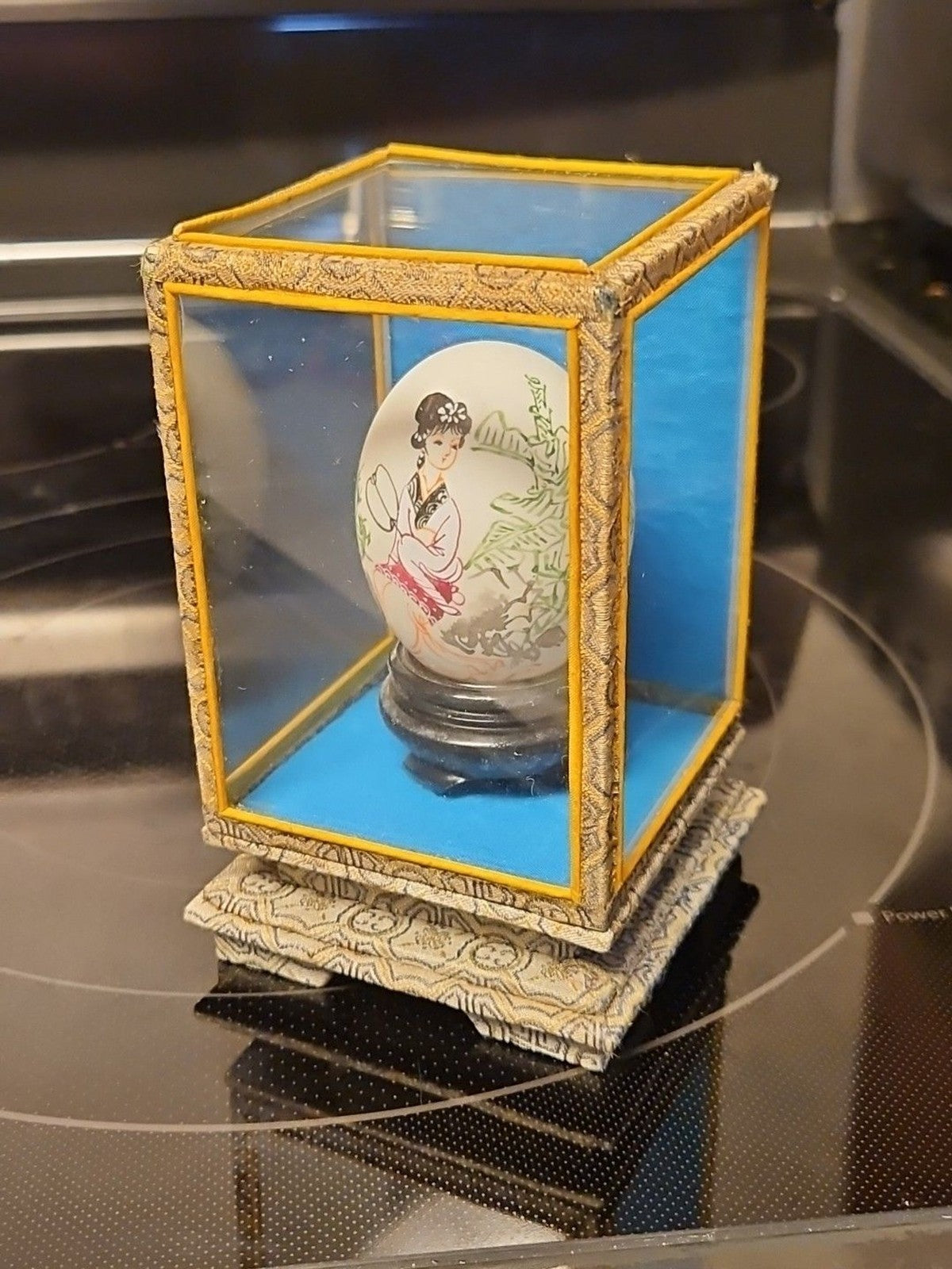 Vintage Chinese Art Hand Painted Egg Shell Woman With Fan Encased In Box 3"x5"
