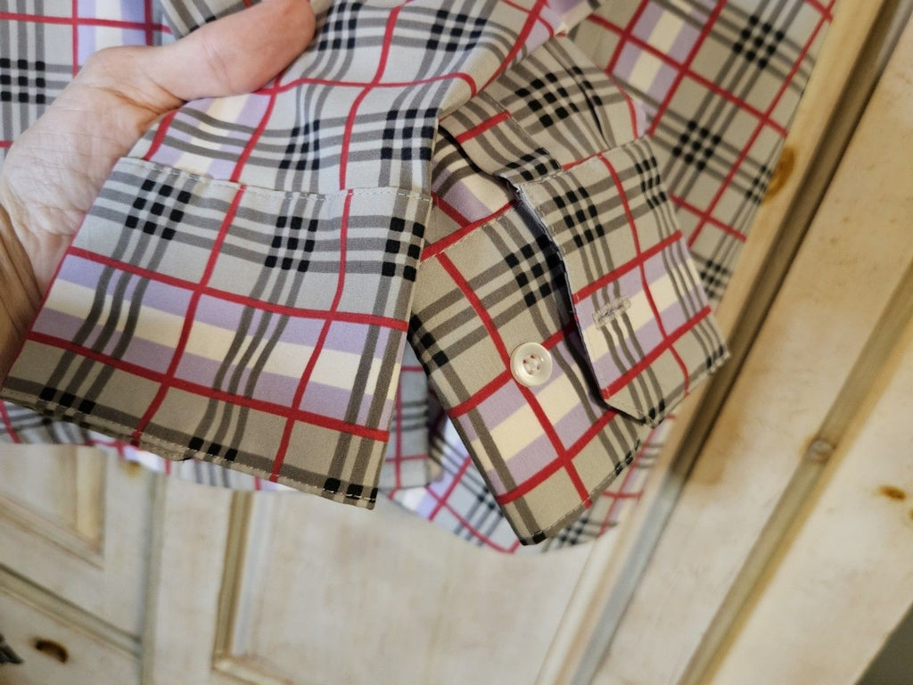 iCO Ladies' Cool Stretch Blouse Long Sleeve - Sz M Pink Purple Grey Plaid