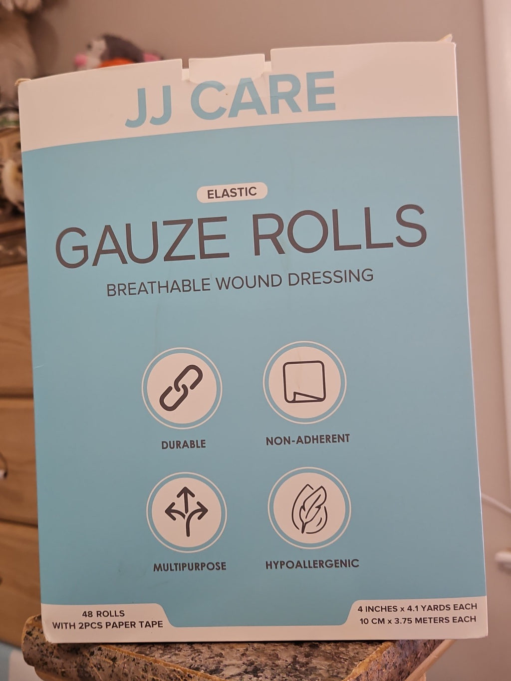 JJ Care Case Of 48 Pack Gauze Rolls 4 in X 4.1 Yd, Individually Wrapped & 2 Tape