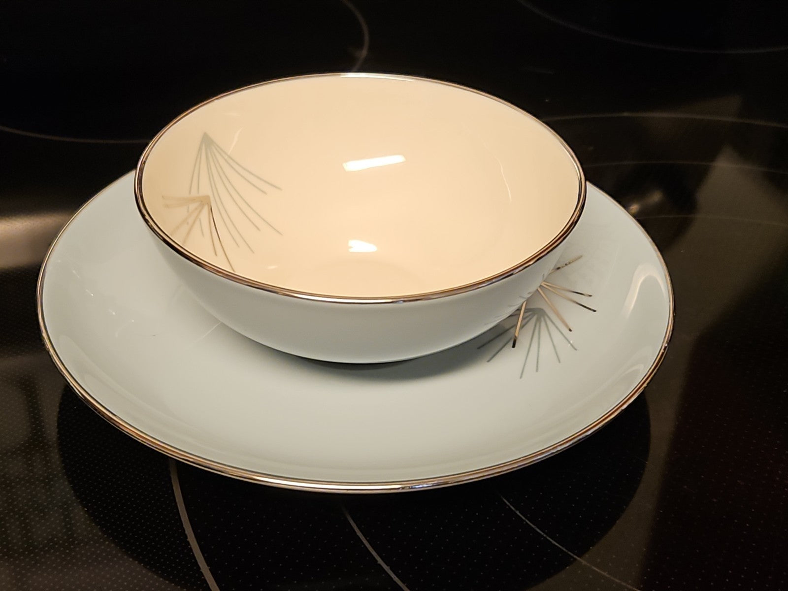 Vintage MCM Franciscan Silver Pine Tea Cup & Saucer Set Atomic Pine Near Mint
