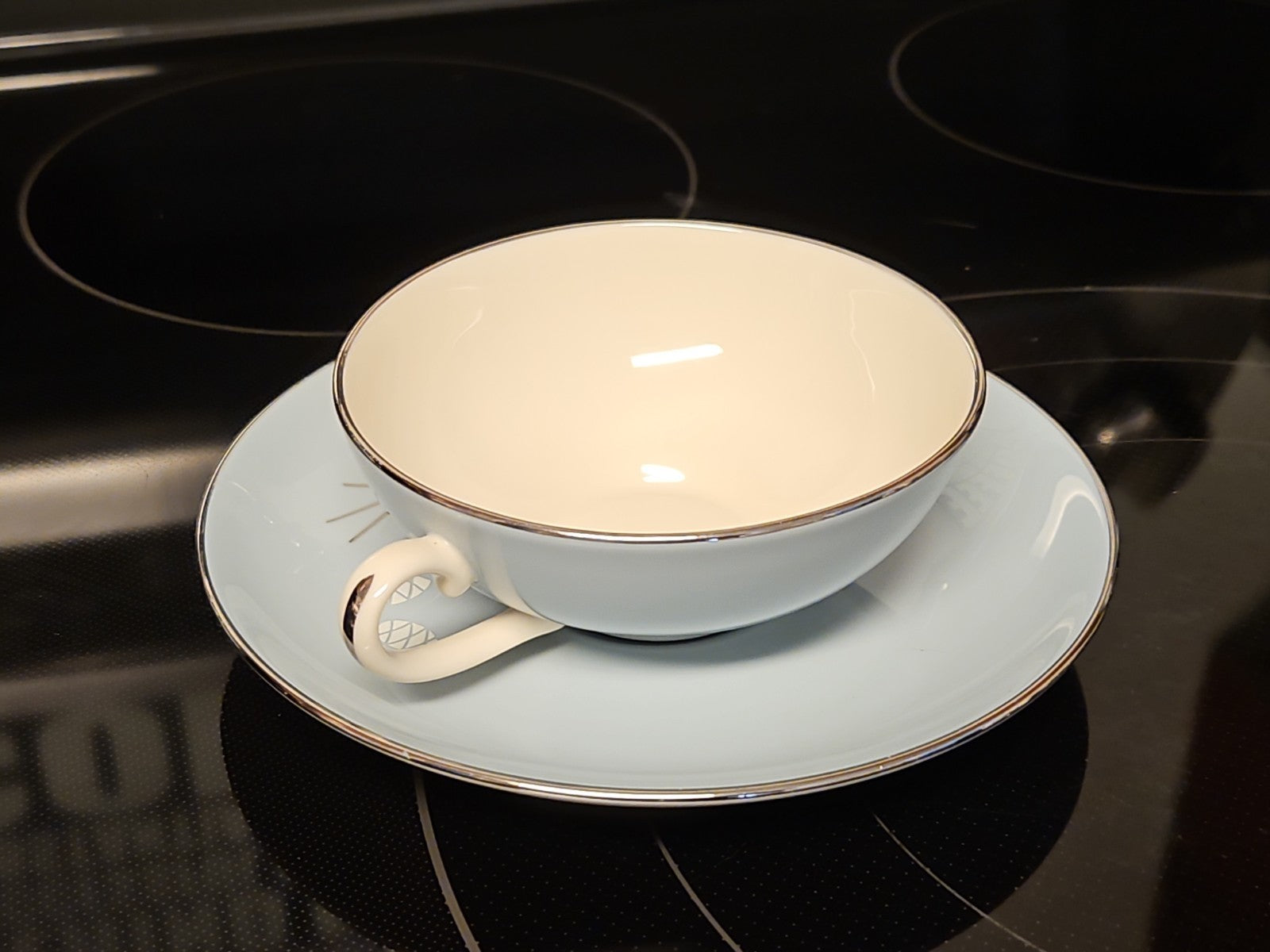Vintage MCM Franciscan Silver Pine Tea Cup & Saucer Set Atomic Pine Near Mint