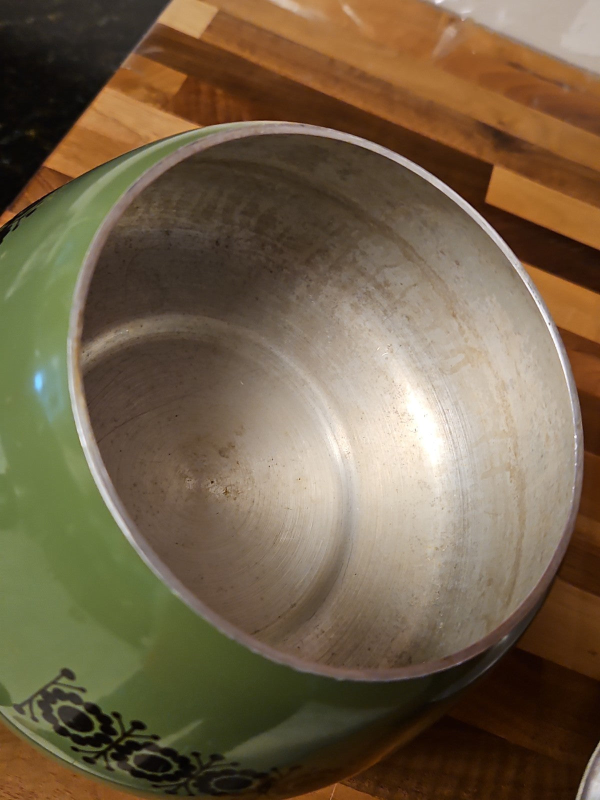 Vintage Green Enamel Fondue Pot Saucepan Floral MCM Boho Wood Handle 1970s