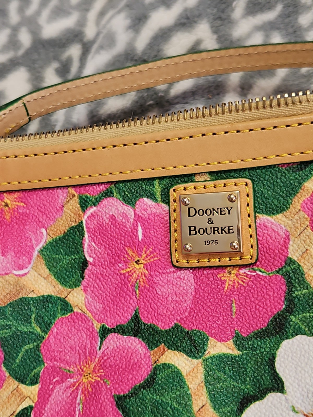 Dooney & Bourke Pink And White Tropical Pansies & Hibiscus Basketweave Wristlet
