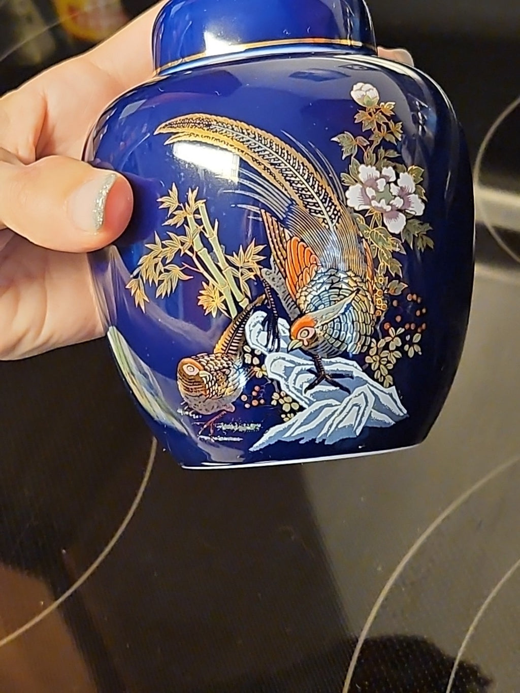 Vintage Kutani Style Cobalt Blue Ginger Jar Gold Trimmed Birds In Garden 5"