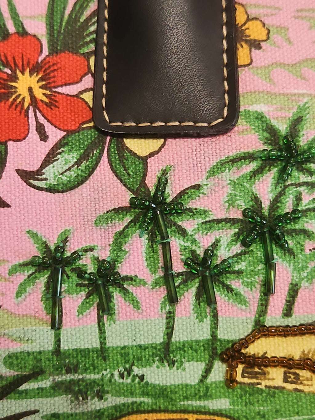 Vintage Y2K Joe Boxer Hawaiian Beaded Canvas Handbag Purse Pink Tropical Print
