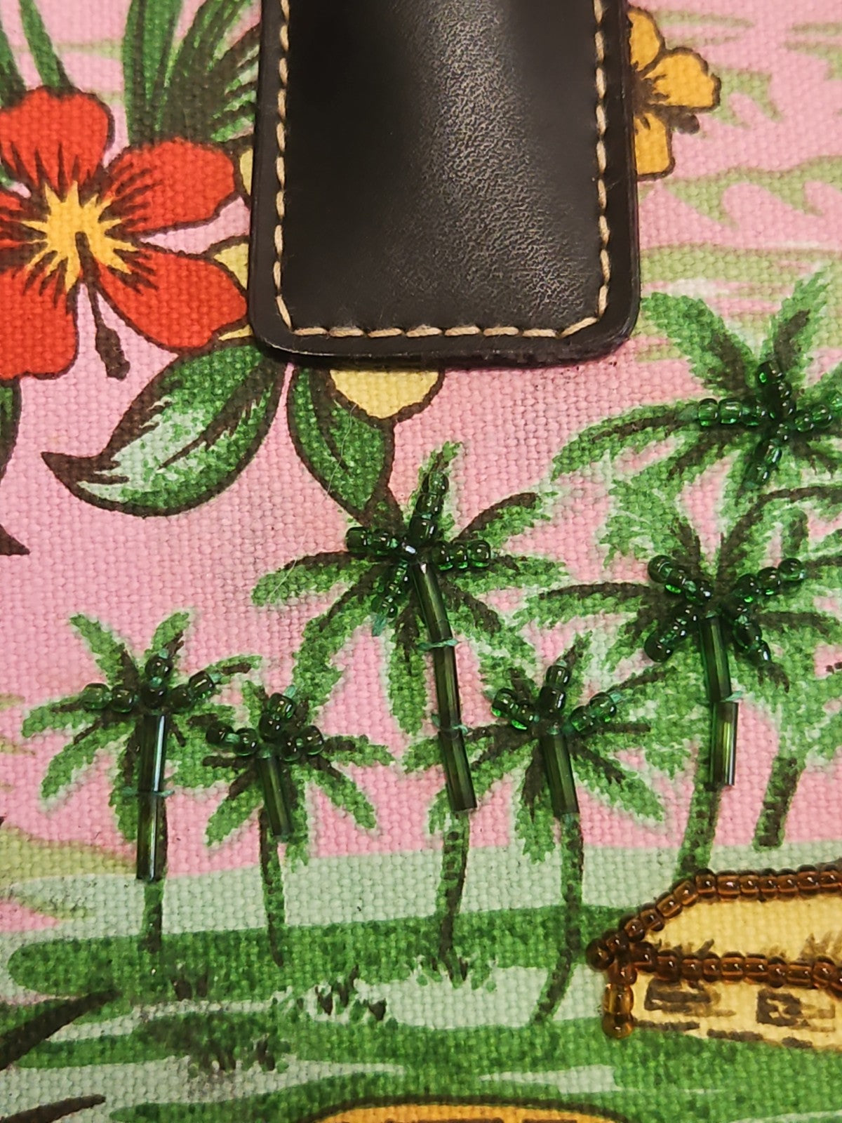 Vintage Y2K Joe Boxer Hawaiian Beaded Canvas Handbag Purse Pink Tropical Print