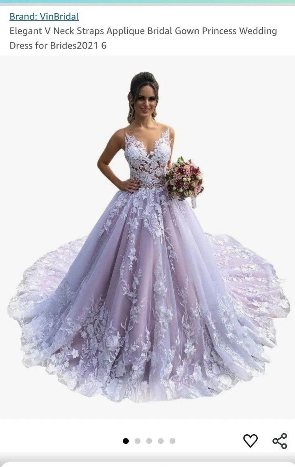 Lavender A Line Wedding Dress Lace Applique Sweep Train Backless Size Small