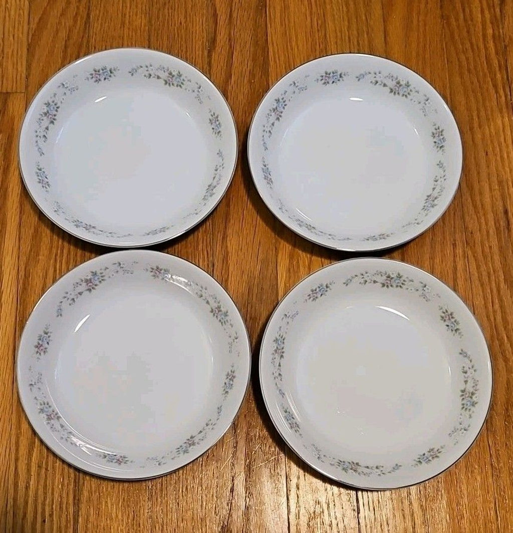 Carlton China Corsage 481 Japan 7 3/4" Soup Bowls Pink & Blue Floral Set Of 4