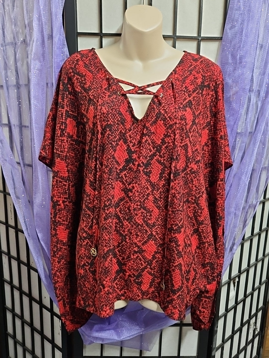 MICHAEL MICHAEL KORS Size L / XL Poncho Top Red Snake Print Lace Up Detail
