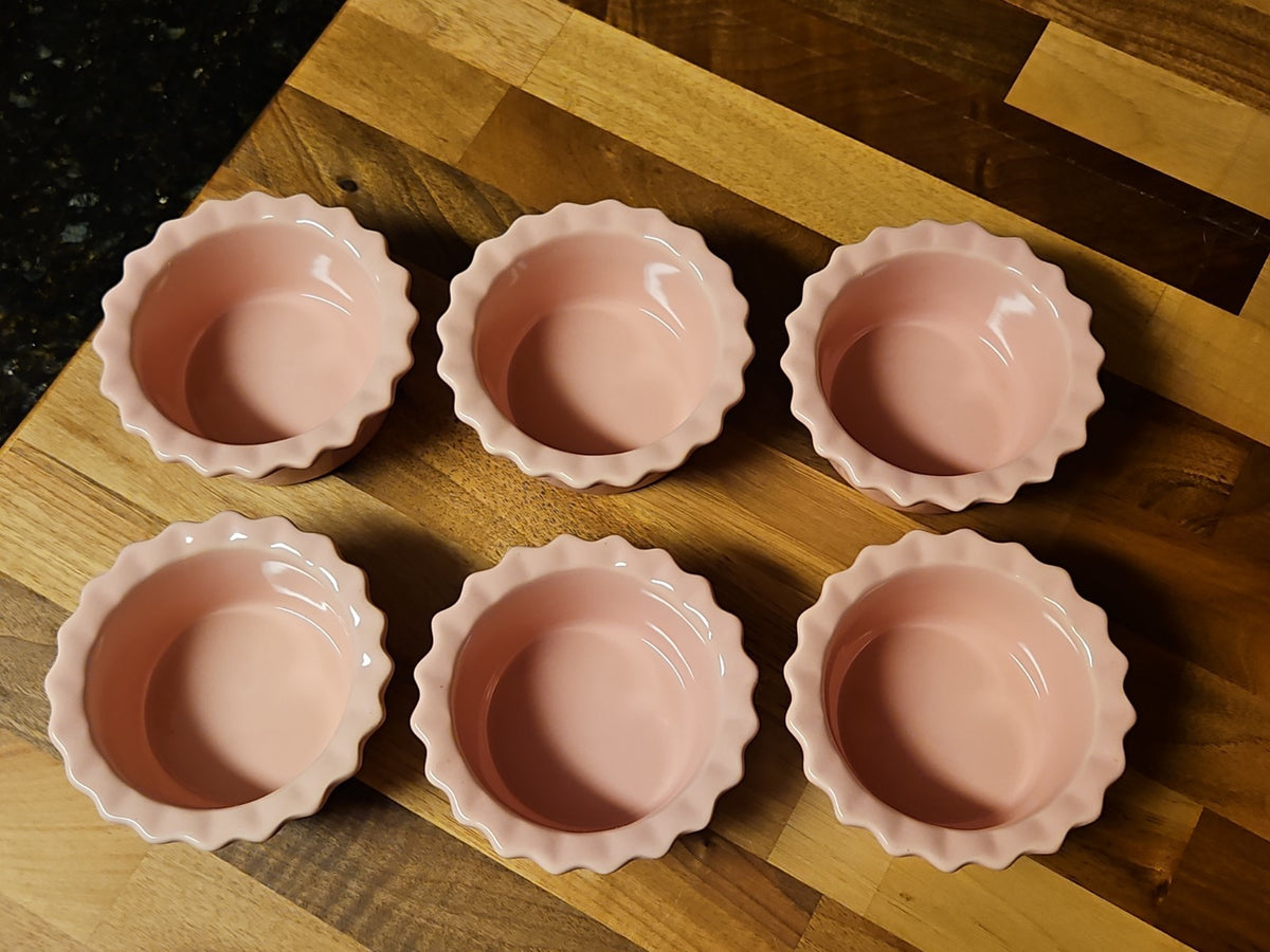 Set of 6 Vintage Chantal Pink Ceramic Fluted Ramekins Scalloped Edge 1/2 Cup