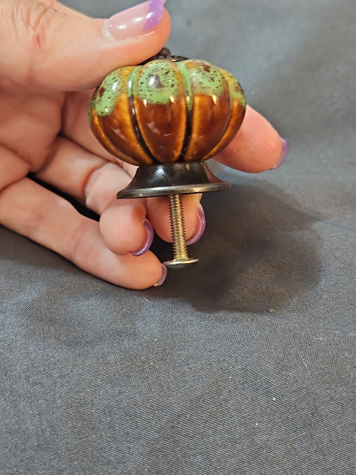 1.5" Ceramic Pumpkin Cabinet Knob Drawer Pull Brown & Green