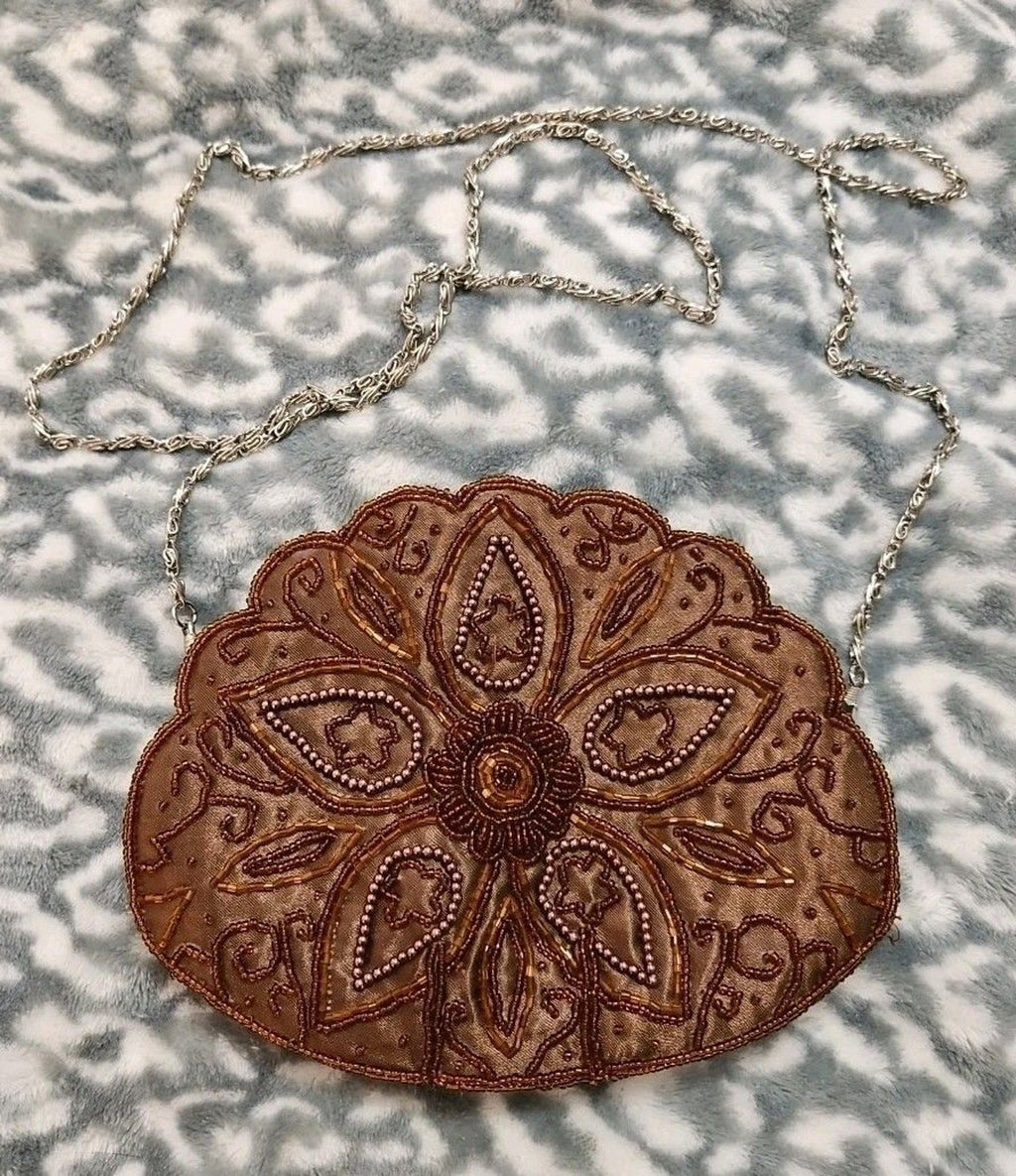 Vintage BIJOUX TERNER Beaded Satin Evening Bag Purse 8"x6" Brown Floral Design