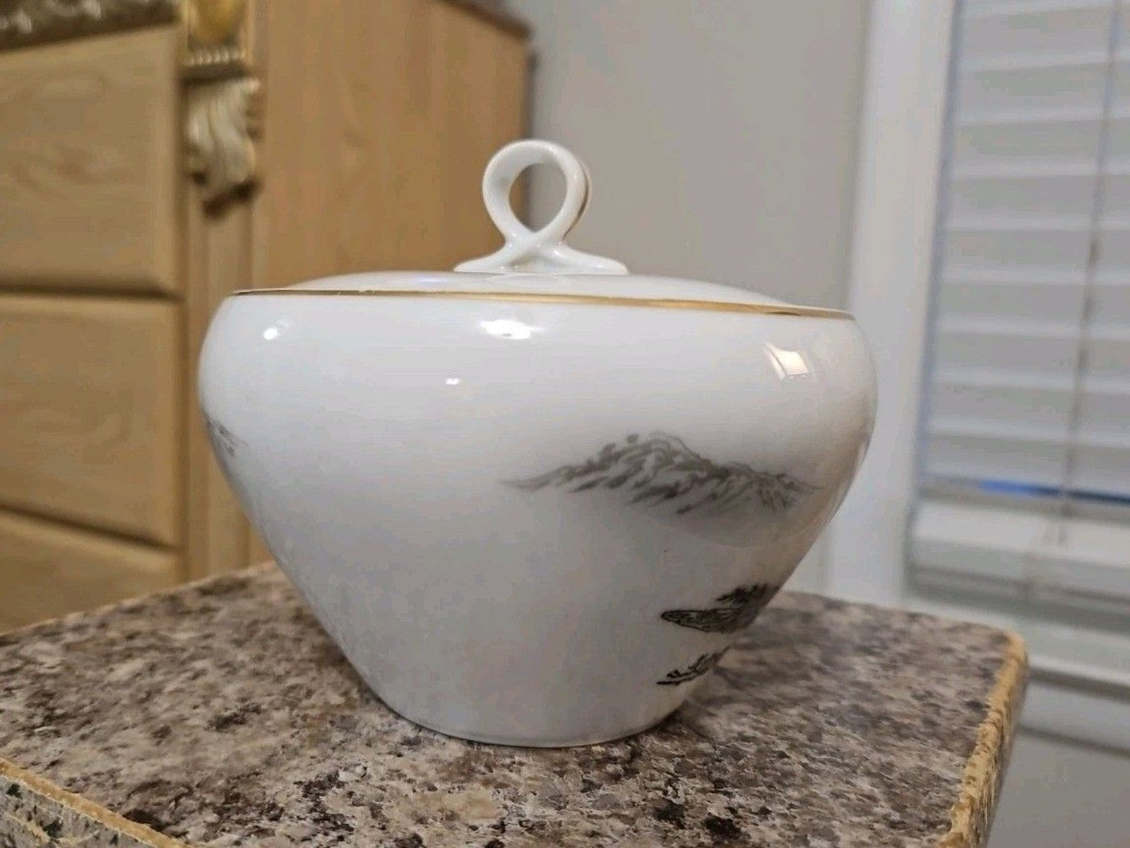 Fukagawa Arita 903 Hand Painted Landscape Lidded Sugar Bowl MINT Gold Trim