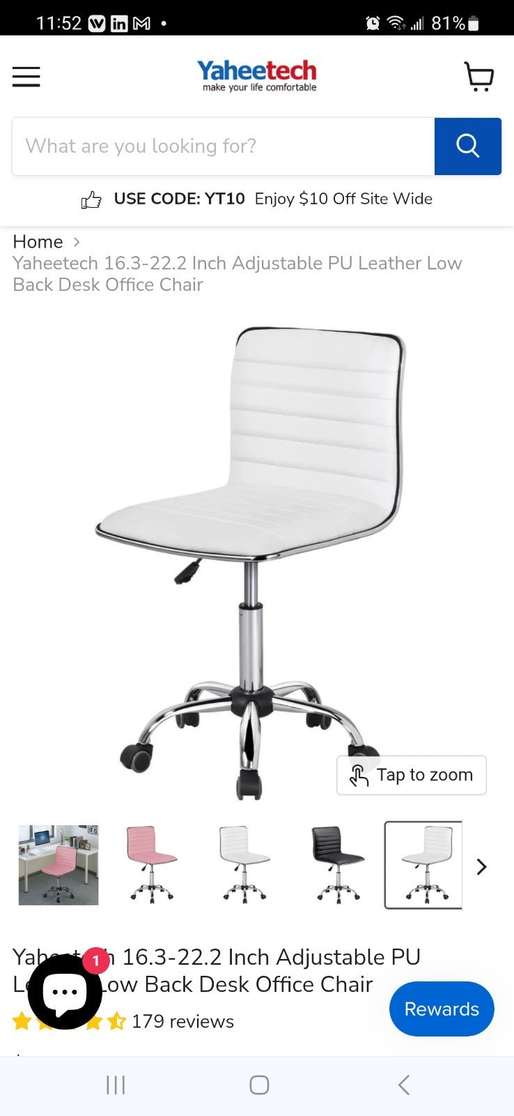 NIB Yaheetech White Faux Leather Office Desk Swivel Chair 16" - 22" Adj Height