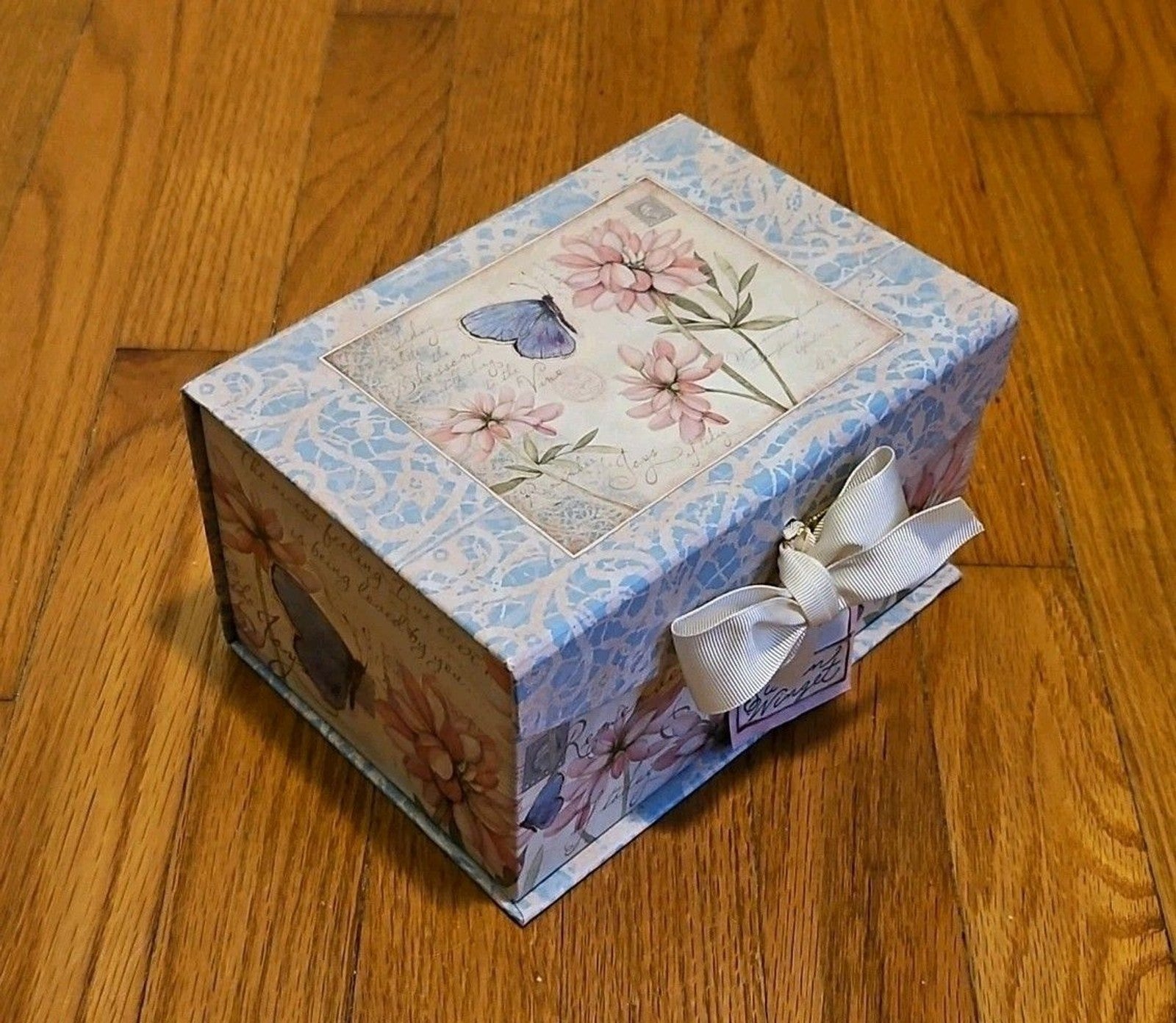 Elegant Storage Box Blue & Pink Floral Butterly Theme With Bow Accent