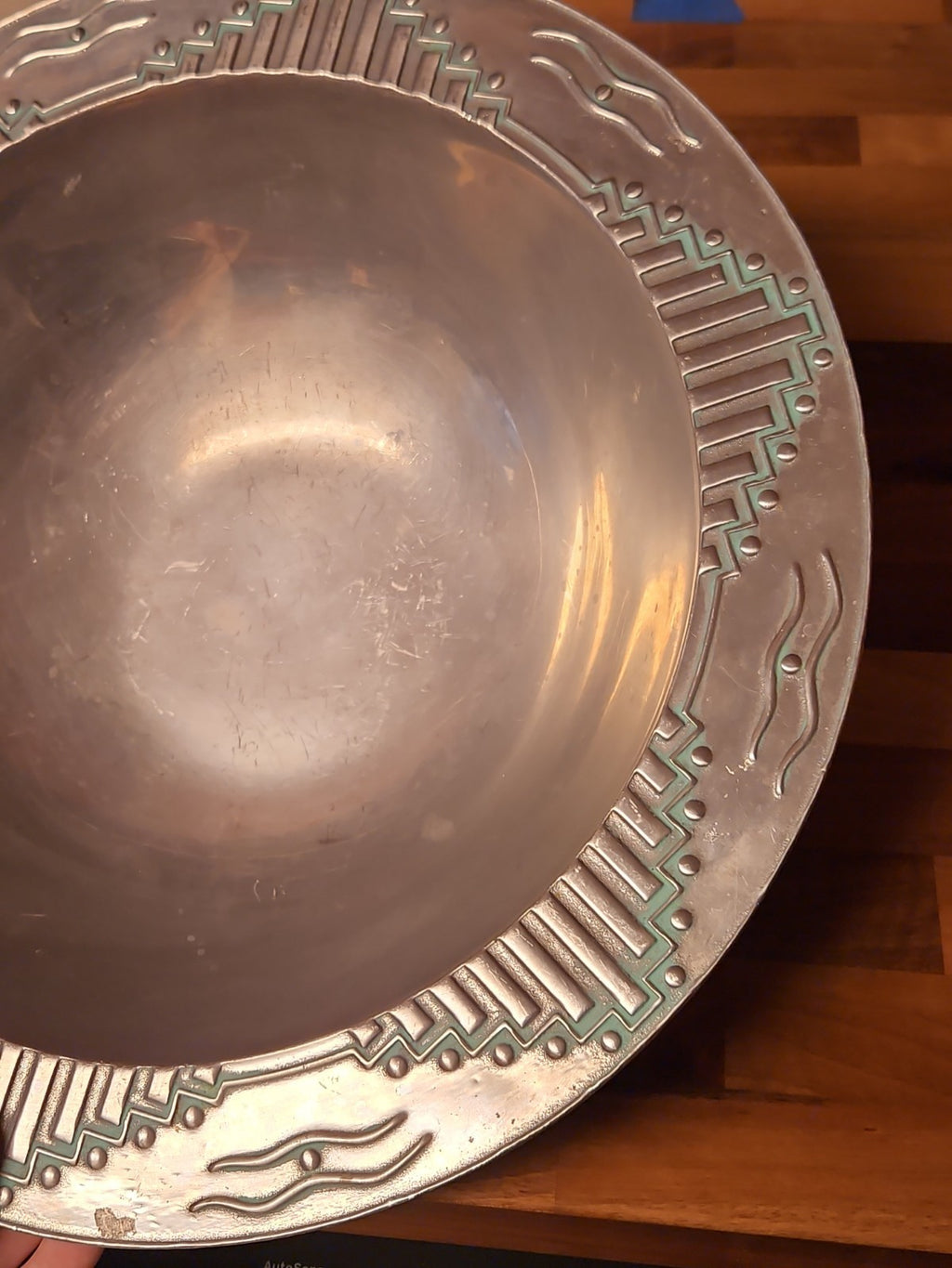 Vintage Wilton Armetale 14" Bowl Turquoise Zia Southwest Pattern Very Nice!