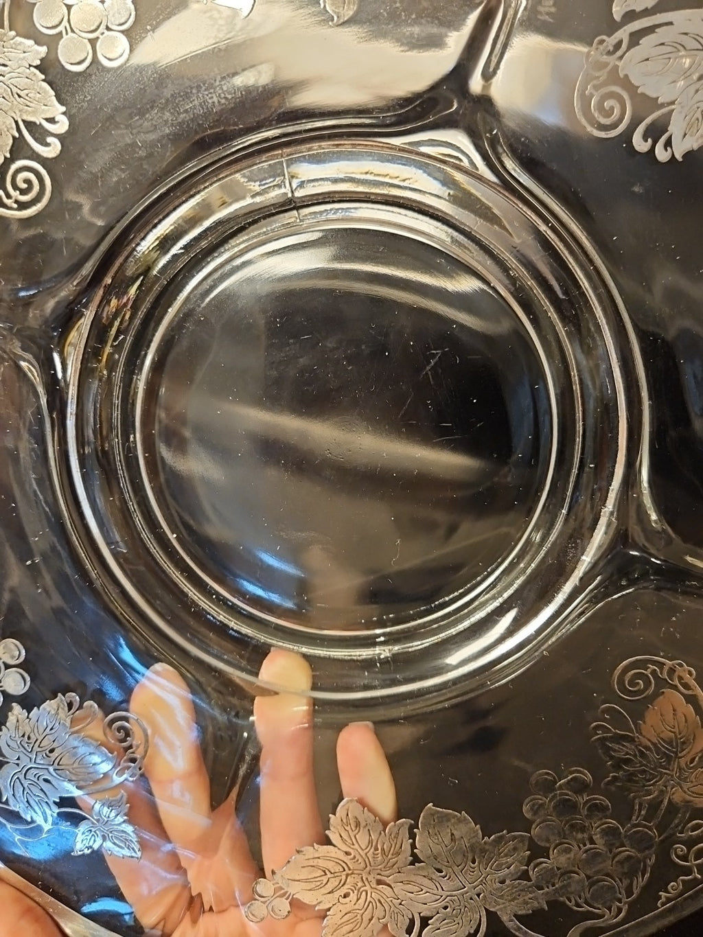 Vintage Glass Serving 11.5" Platter With Silver Grape Vine & Leaves Design