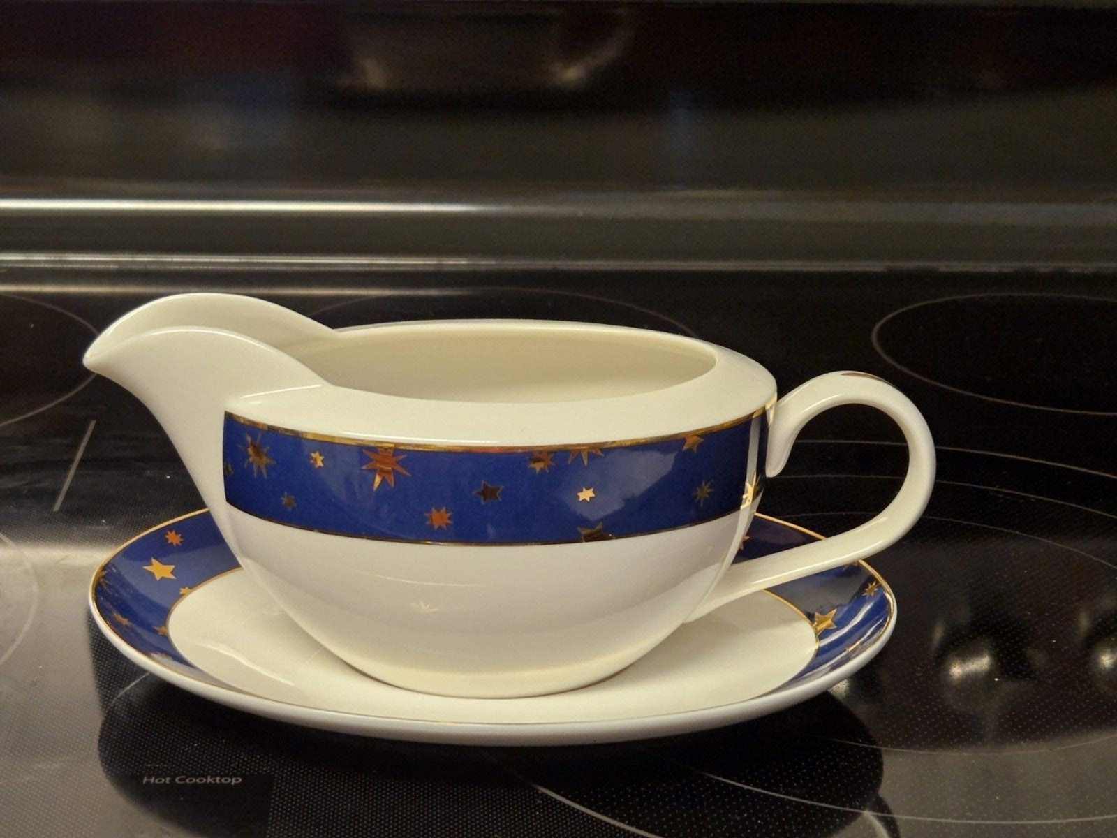 Galaxy By Sakura Gravy Boat & Saucer Celestial Blue Gold Stars Porcelain