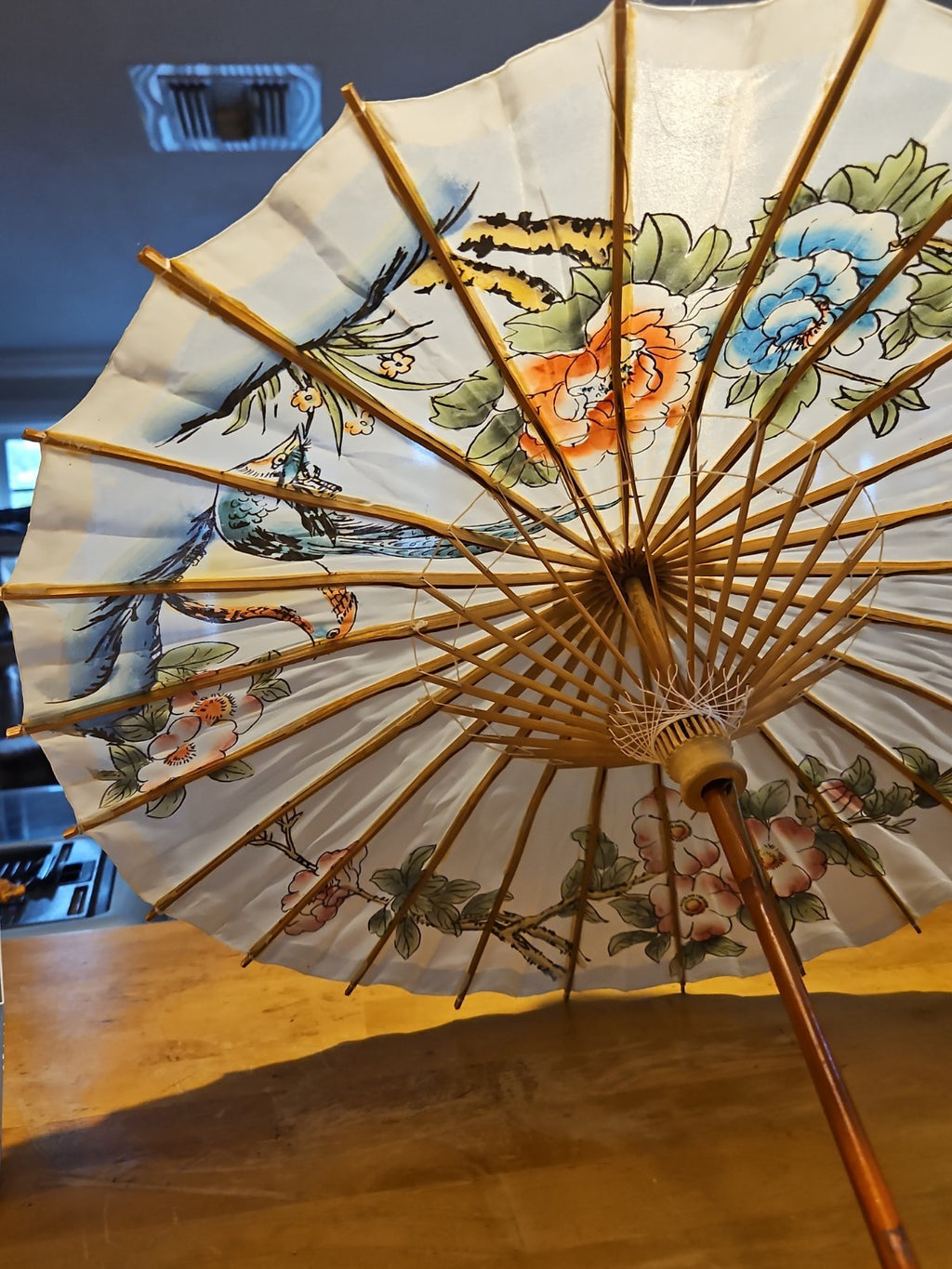 Vintage Asian Japanese Hand Painted Parasol Umbrella 21" White Floral EUC