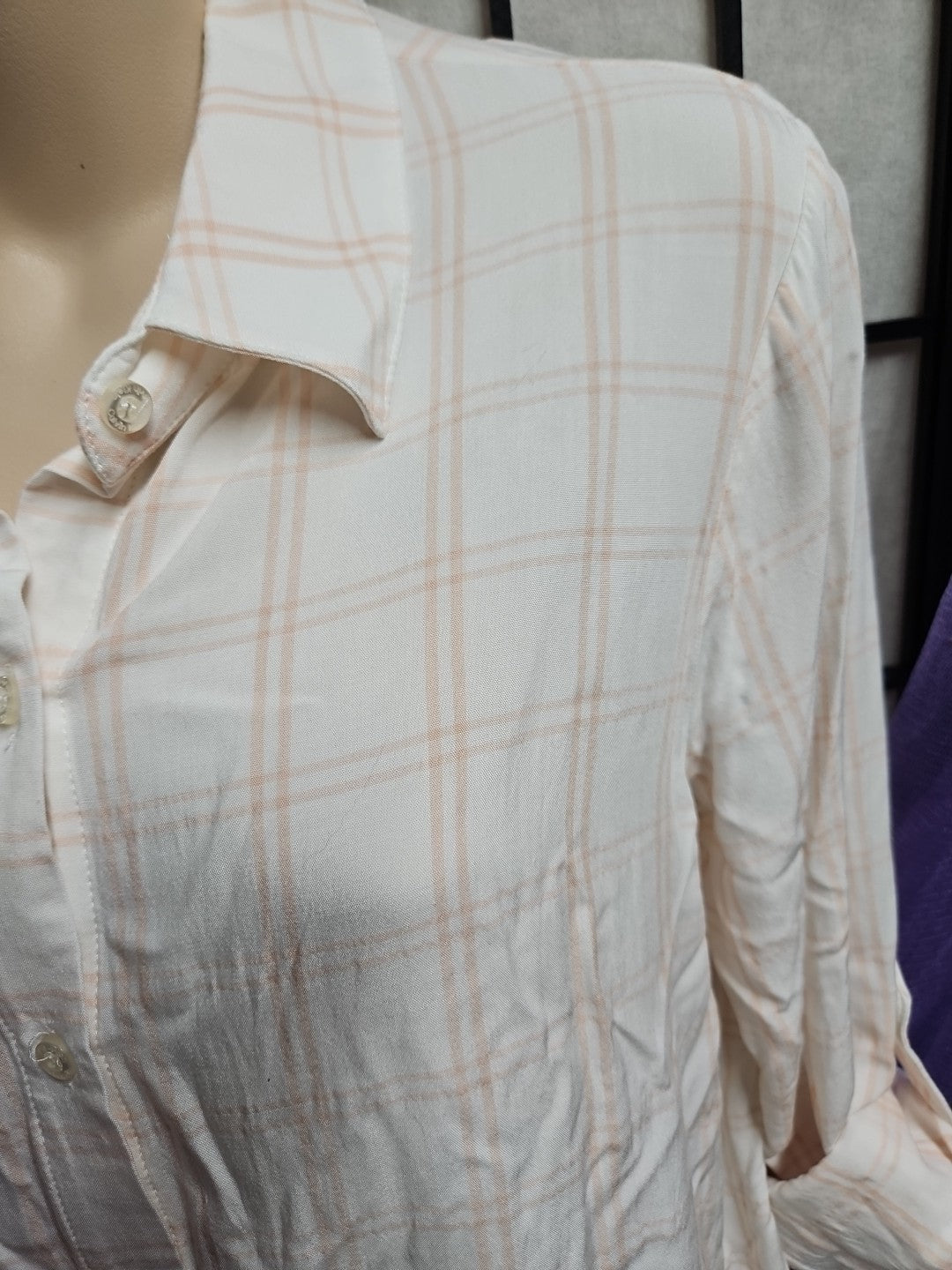 Calvin Klein Long Sleeve Roll Tab Peach & White Plaid Button Down Shirt - Sz S