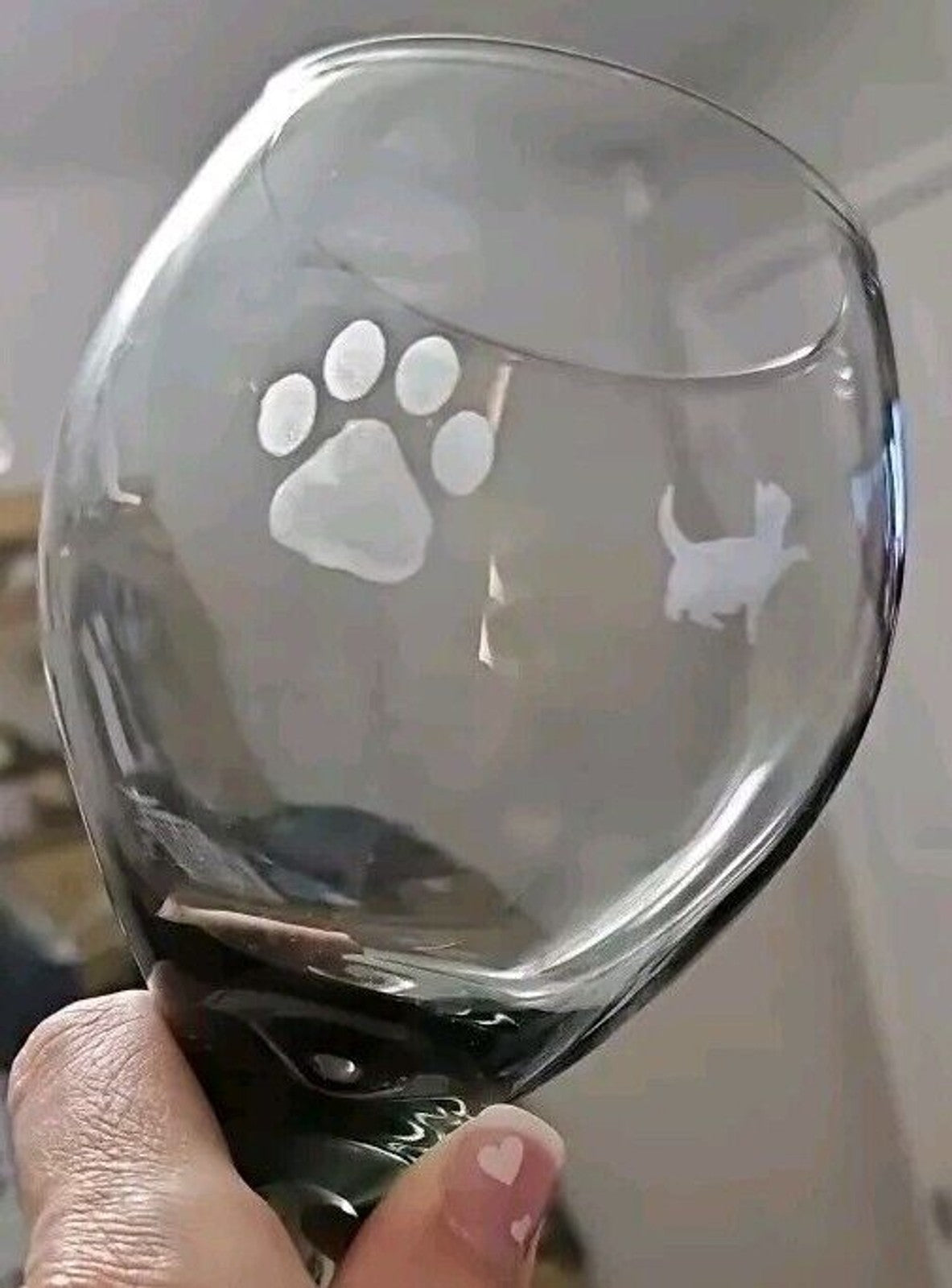 Smoke Gray Wine Glass Set Of 2 With Cat & Pawprint Etching 8”