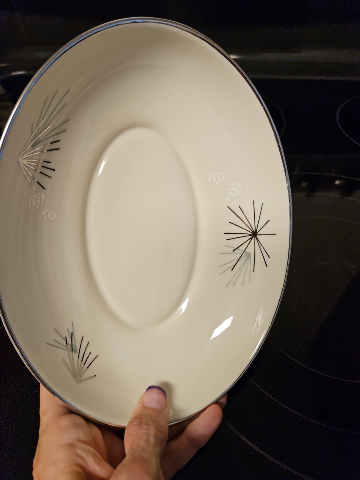 Vintage MCM Franciscan Silver Pine Atomic Pine Cones Oval Serving Bowl 8.75" EUC