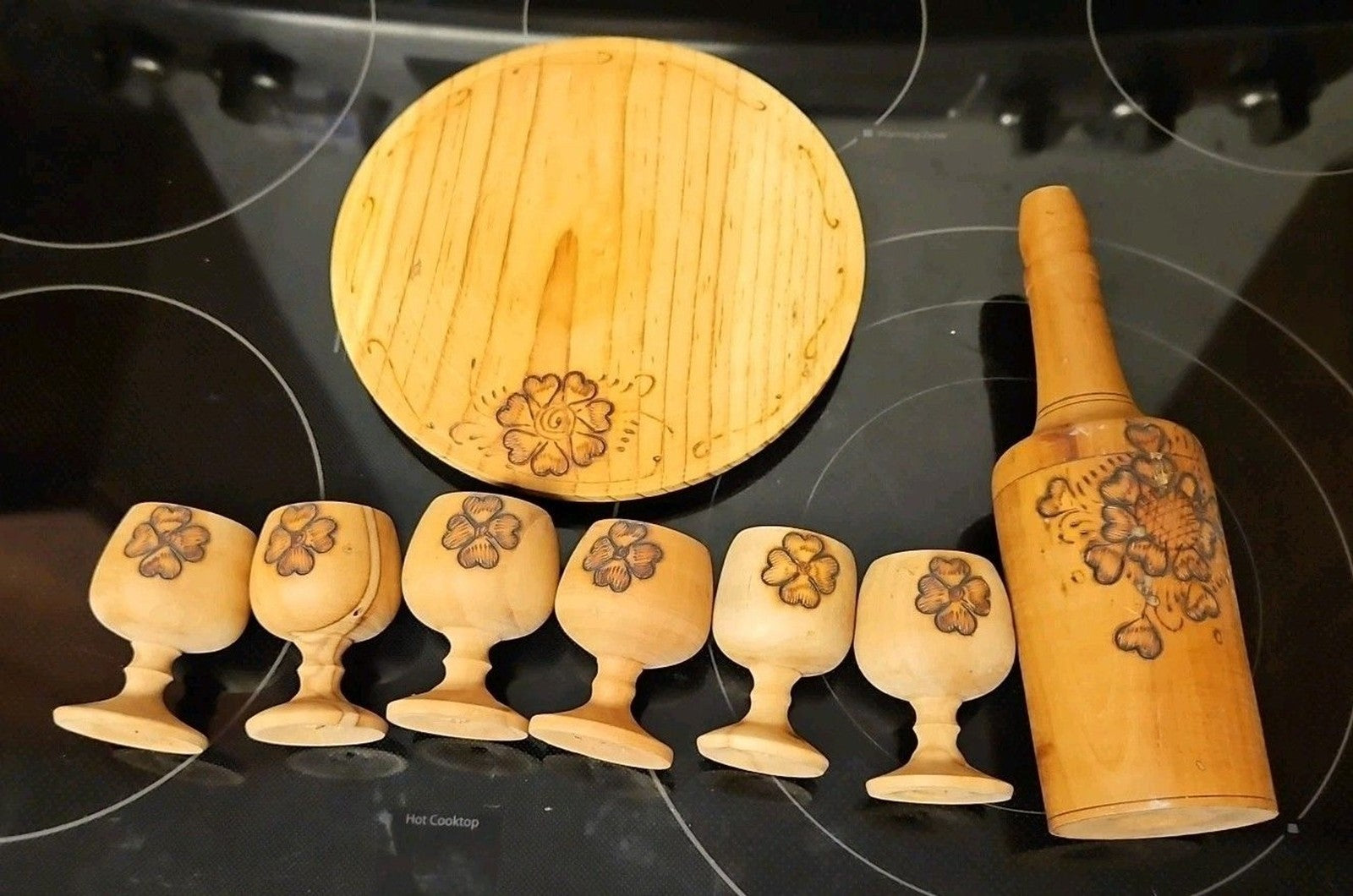 Vintage Burnt Wooden Pyrography Folk Art Decanter w\ Small Platter and 6 Goblets