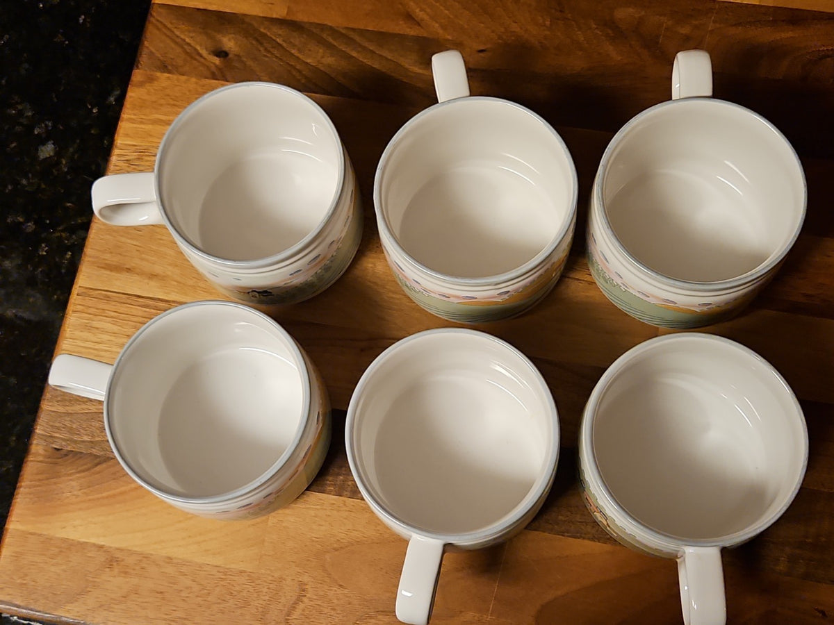 Set Of 6 Vintage 1998 Studio Nova Stoneware Mugs Homecoming 8 oz Y2317 EUC