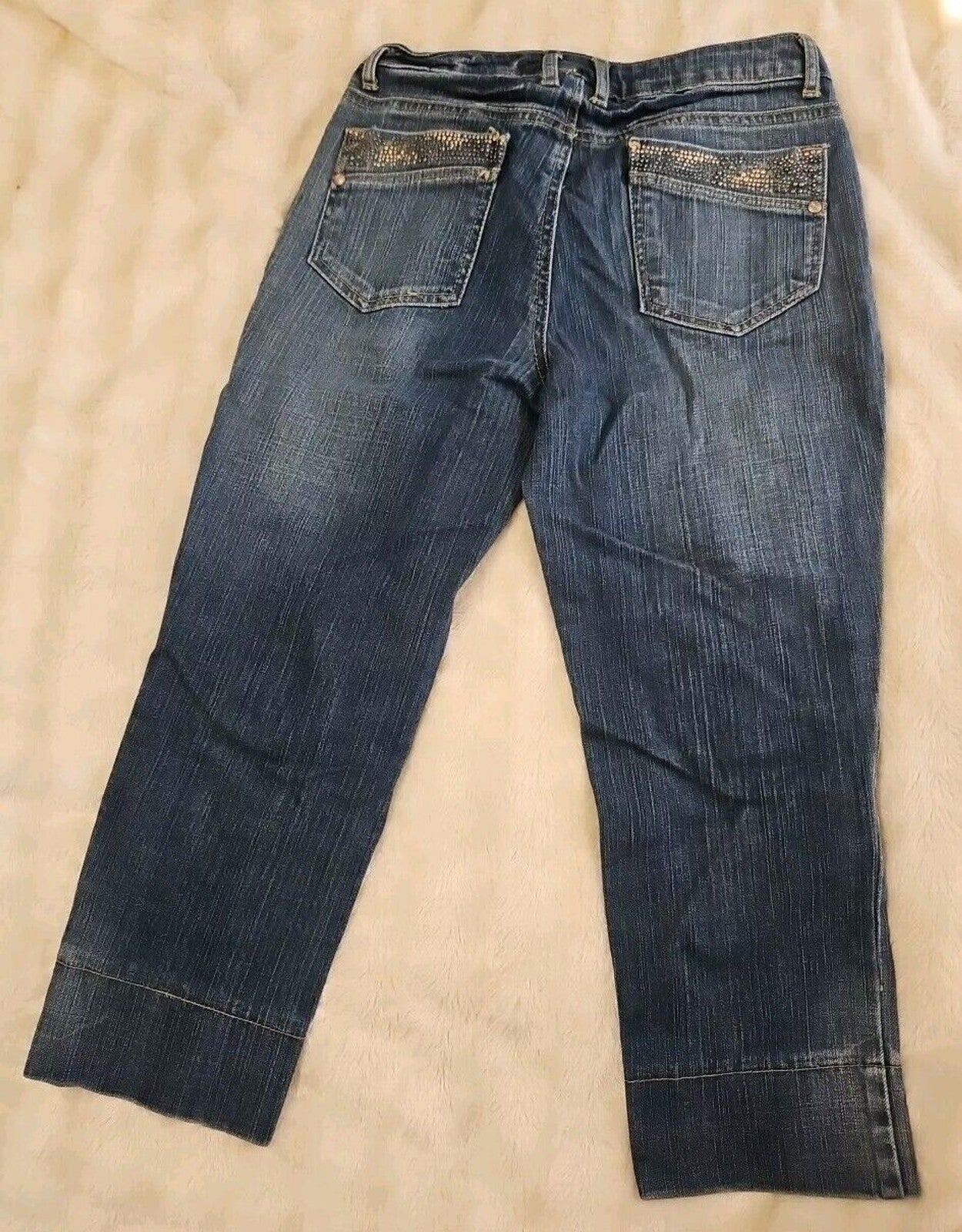 Bisou Bisou Womens Capri Jeans Sz 2 With Copper & Gunmetal Rhinestone Accents