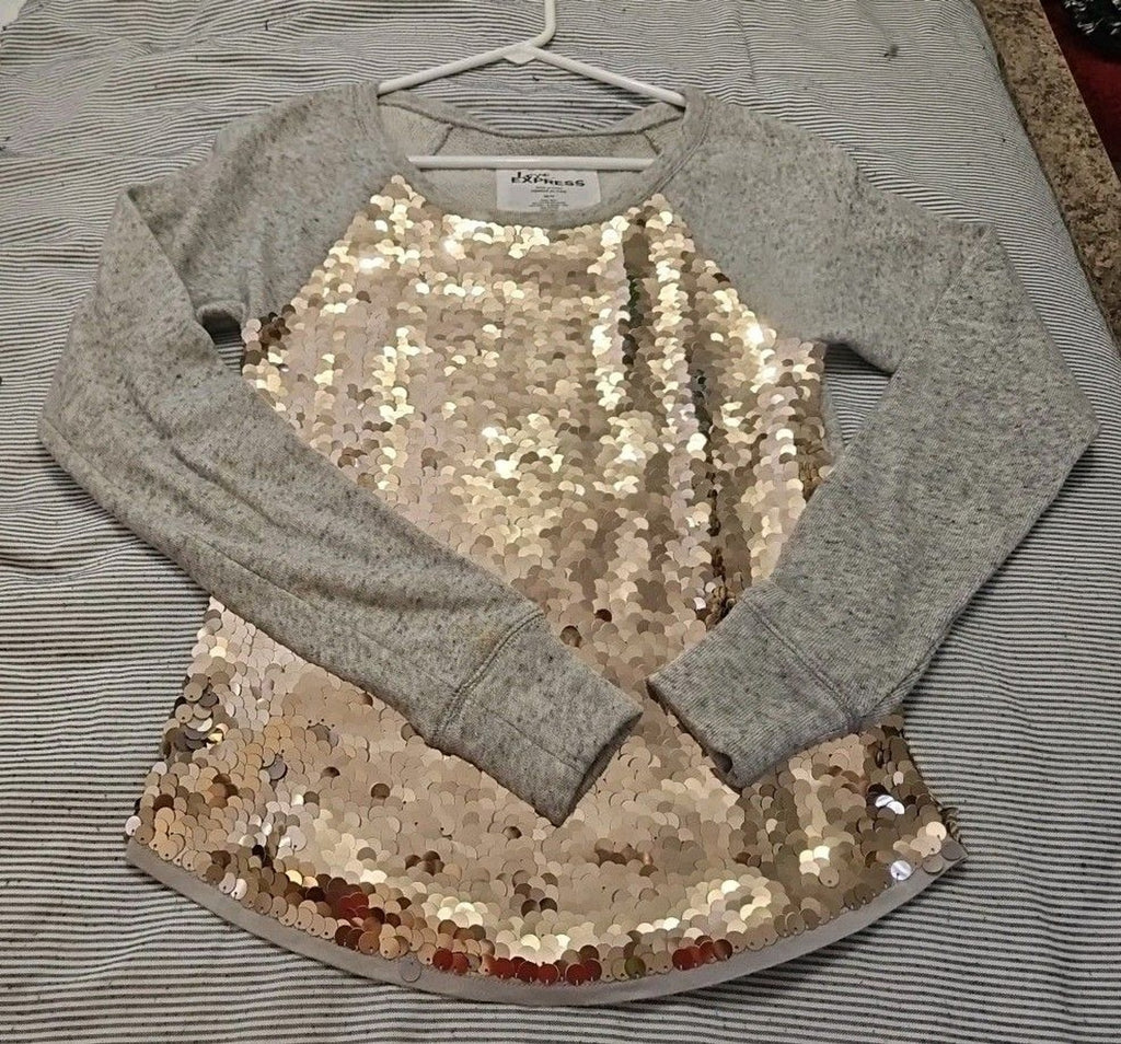 Love Express Women's XS Mermaid Gold & Silver Sequin Shirt Long Sleeve Top Gray