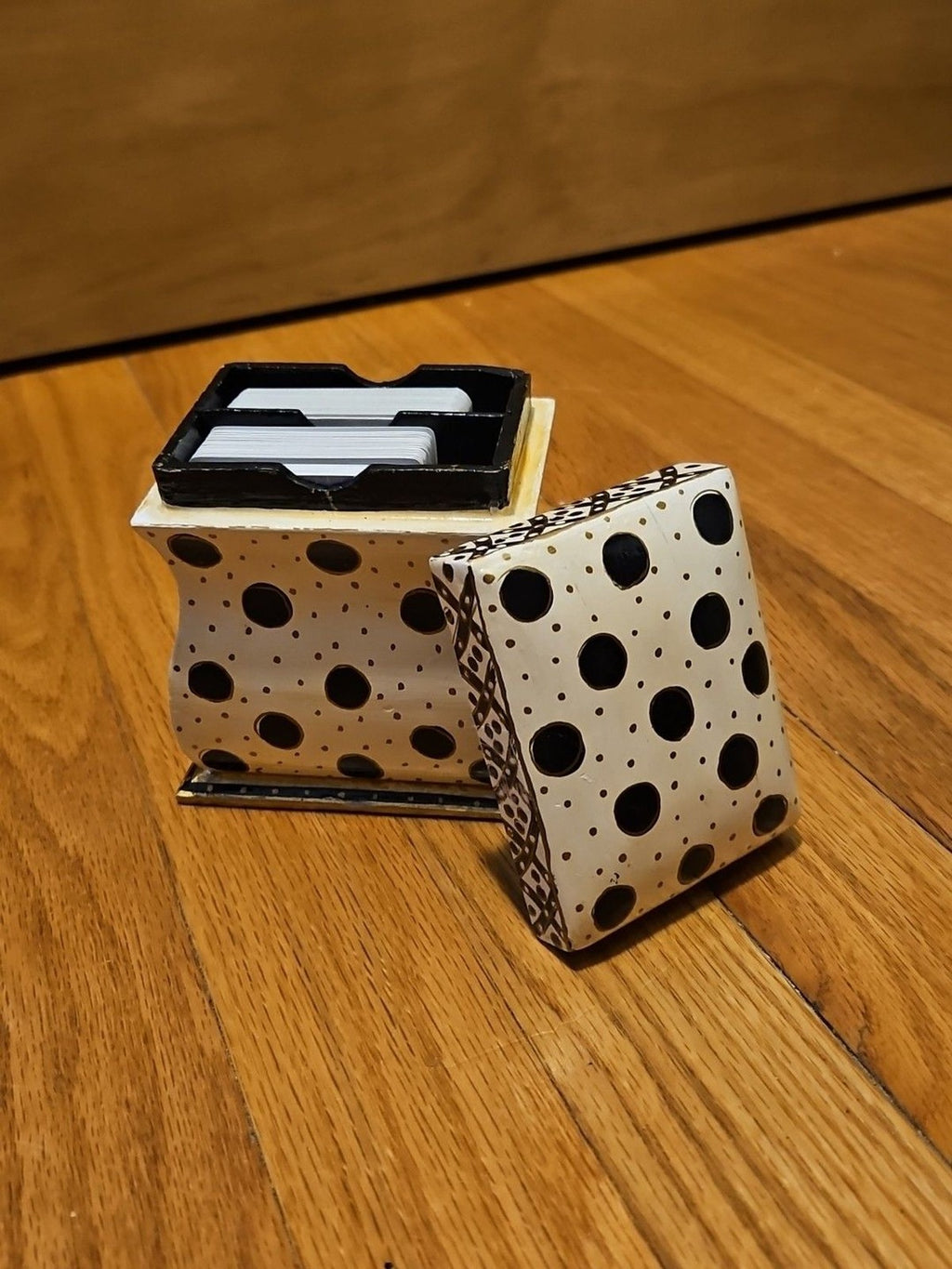 Hand Painted Black, White & Gold Wood 2 Deck Playing Card Holder Canasta Bridge