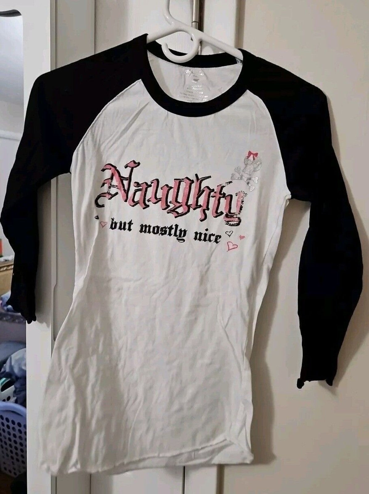 Goth Naughty But Mostly Nice W Silver Skull 3/4 Sleeve Color Block Shirt M