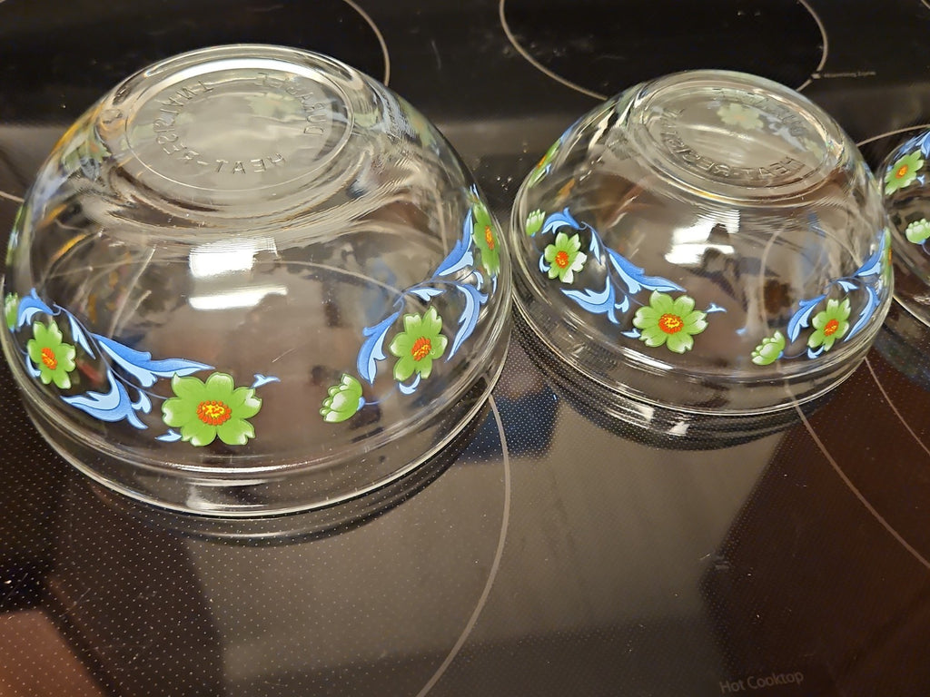 Set Of 4 Imperial Glass Green Sunflower Blue Leaves Nesting Bowls EUC