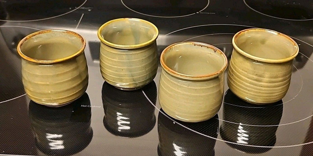 Set Of 4 Glazed Stoneware Japanese Lettered Sake or Tea Cups
