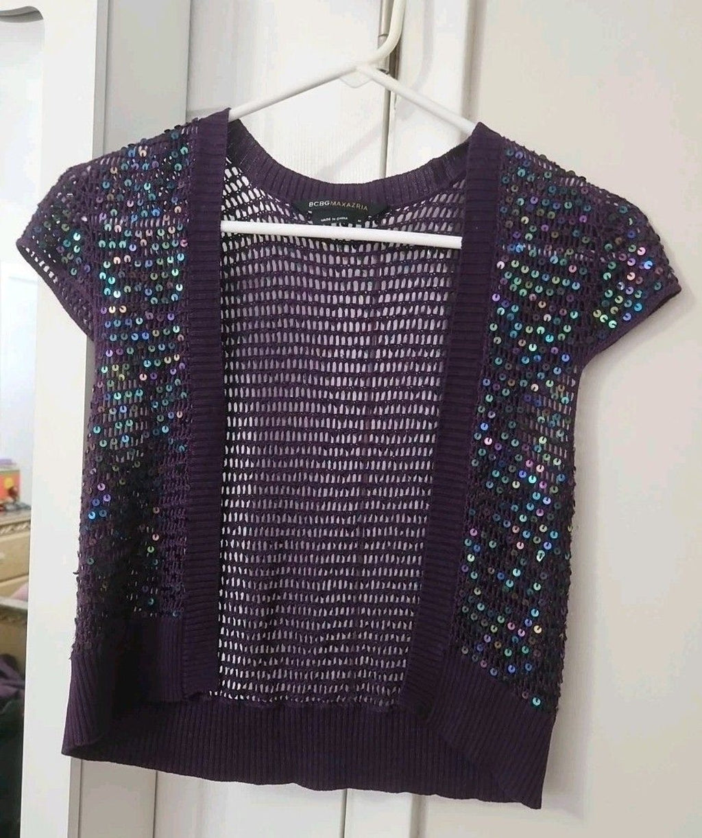 BCBGMAXAZRIA Women's 100% Silk Purple Knit Shrug With Blue Sequins Size M