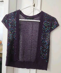 BCBGMAXAZRIA Women's 100% Silk Purple Knit Shrug With Blue Sequins Size M